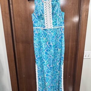 Lilly Pulitzer Blue Floral Sleeveless Dress with Lace Trim